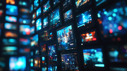 Poster - Tv channels Media concept multiple television screens or monitors 