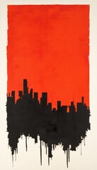 Wall Mural - Abstract artwork featuring a red background with a black skyline silhouette.