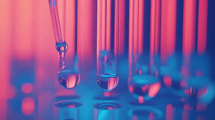 Leinwandbilder - Test tube row Concept of medical or science laboratory liquid drop droplet with dropper in blue red tone background close up macro photography picture 