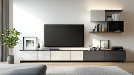 Fototapete - TV cabinet and storage space in a living room with a white wall 