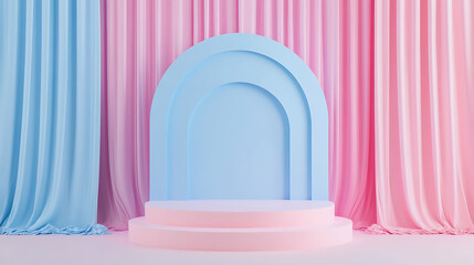 Poster - Stand podium wall scene pastel color background geometric shape for product display presentation Minimal scene for mockup products stage showcase promotion display 