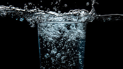 Poster - Soda water bubbles splashing underwater against black background Cola liquid texture that fizzing and floating up to surface like a explosion in under water for refreshing carbonate drink concept 