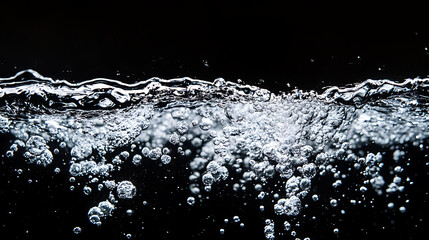 Poster - Soda water bubbles splashing underwater against black background Cola liquid texture that fizzing and floating up to surface like a explosion in under water for refreshing carbonate drink concept 
