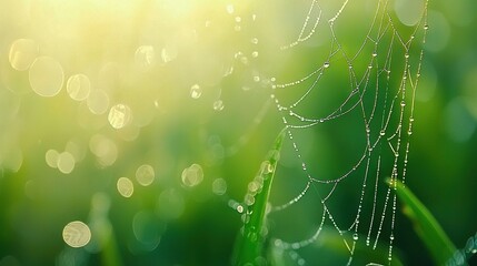 Wall Mural -   A photo of a close-up dewed spider web on grass blades with sunshine in the background