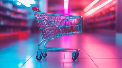Poster - Shopping cart with neon colorful can be viewed in modern stores with copy space