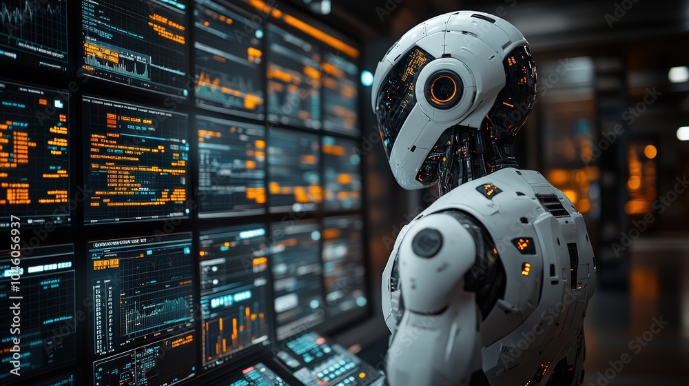 AI robot examining stock market charts and data on a digital screen ...