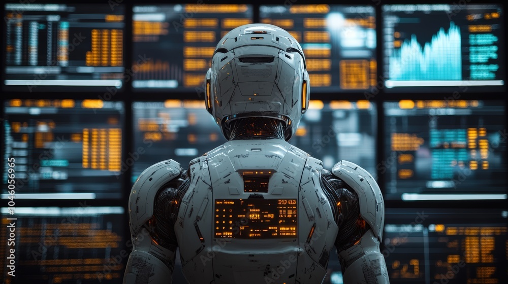 AI robot examining stock market charts and data on a digital screen ...