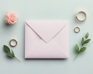 Wall Mural - Aesthetic arrangement of a pink envelope, rose, and gold rings.