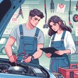 © Andreas - Two auto mechanic working on car diagnostic in auto repair shop.. background, banner, card, poster, template. illustration, avant garde colour elegant