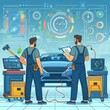© Andreas - Two auto mechanic working on car diagnostic in auto repair shop.. background, banner, card, poster, template. illustration, avant garde colour elegant
