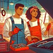 © Andreas - Two auto mechanic working on car diagnostic in auto repair shop.. background, banner, card, poster, template. illustration, avant garde colour elegant