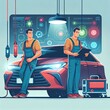 © Andreas - Two auto mechanic working on car diagnostic in auto repair shop.. background, banner, card, poster, template. illustration, avant garde colour elegant