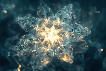 Leinwandbilder - Glowing abstract snowflakes exhibit icy hues, showcasing nature's delicate patterns and intricate designs under a dark backdrop. Generative AI