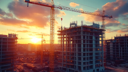 Poster - construction site and sunset structural steel beam build large residential buildings
