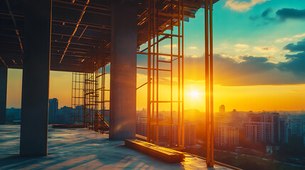 Aufkleber - construction site and sunset structural steel beam build large residential buildings