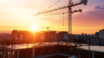 Poster - construction site and sunset structural steel beam build large residential buildings