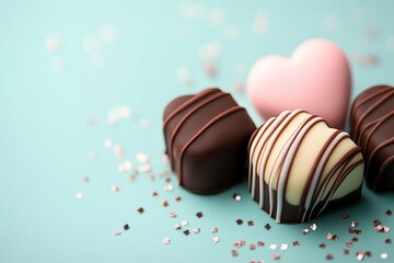 Poster - Assorted heart-shaped chocolates on a pastel background with decorative sprinkles.