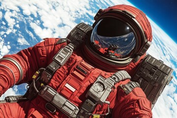 Canvas Print - Astronaut in a red suit floating in space with Earth in the background.