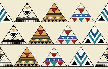 Wall Mural - Ethnic tribal colorful triangle background. Seamless tribal pattern, folk embroidery, tradition geometric ornament. Traditional design for fabric, textile, print, rug, paper