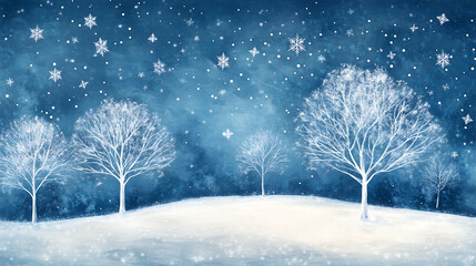 Poster - Winter landscape with trees & snowflakes