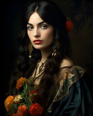 A captivating woman dressed in an elegant floral gown, wearing intricate gold jewelry. Her soft, serene gaze and flowing dark hair create a timeless, classic portrait.