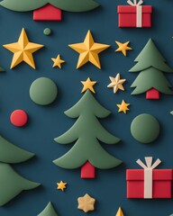 Poster - Colorful Christmas-themed decorations including trees, stars, and gifts.