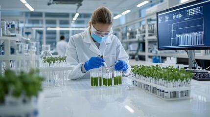 Poster - Technician conducting precision biofuel tests and analysis in an advanced clean energy research laboratory