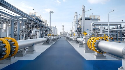 Intricate natural gas processing facility with a complex pipe layout and clean industrial design emphasizing modern engineering and efficient gas processing