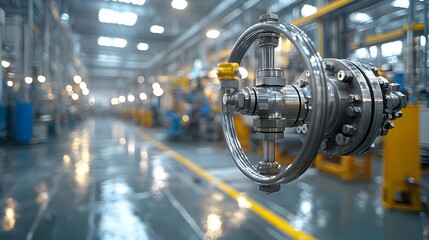 Poster - Intricate industrial refinery valve in action showcasing its detailed metal components and the high pressure fuel flow within
