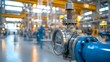 © NKCoolper - Closeup view of a shiny metallic refinery valve under bright industrial lighting with pressurized fuel flowing through the surrounding pipes and machinery