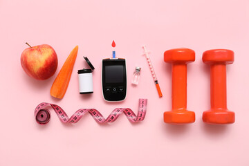 Wall Mural - Glucometer with lancet pen, food and dumbbells on pink background. Diabetes concept