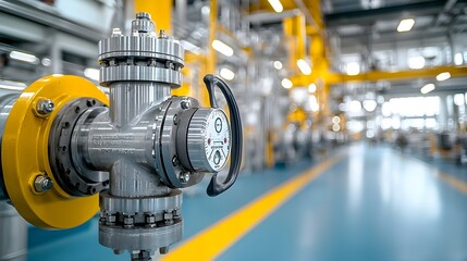 Poster - Close up view of a shiny metal refinery valve regulating the flow of pressurized fuel through the surrounding industrial pipes under bright lighting in a manufacturing facility