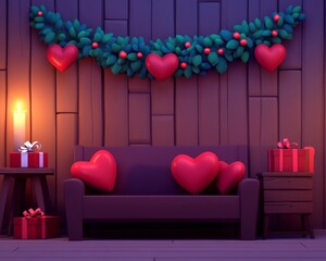 Poster - Cozy interior with heart decorations and gifts for a festive atmosphere.