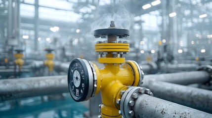 Poster - Close up shot of an industrial refinery valve in use surrounded by weathered and aged metal piping carrying fuel or gas under high pressure with faint steam or vapor escaping from the system