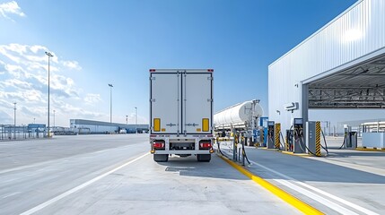 Poster - Fuel tanker parked at a loading station precision fueling in progress seamless industrial logistics under clear skies above the distribution terminal