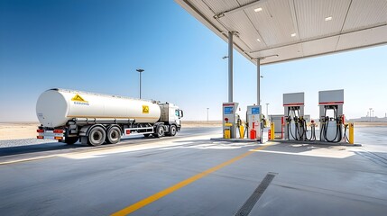 Poster - Fuel tanker parked at a loading station precision fueling in progress seamless of industrial logistics under clear skies