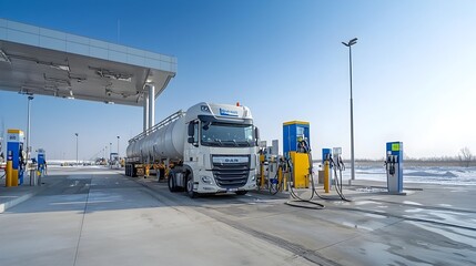 Poster - Seamless fueling as a tanker truck is loaded at a modern processing facility with integrated logistics and technology working in harmony to optimize the workflow and distribution of energy resources