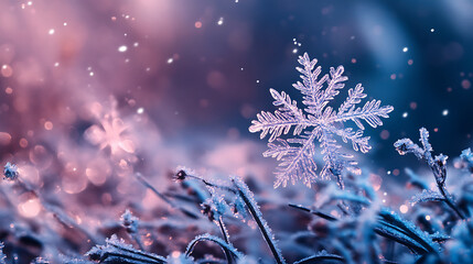 Poster - snowflake ice crystals snow falling on frozen ground and plants on a cold winter night