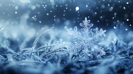 Poster - snowflake ice crystals snow falling on frozen ground and plants on a cold winter night
