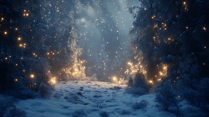 snow falling at night in a snowy dark forest with lights and stars