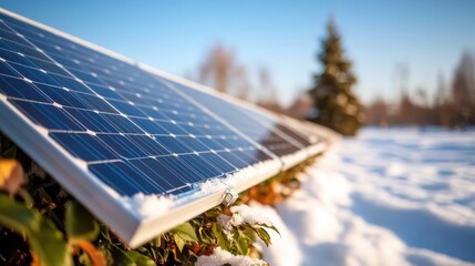 solar panels are covered in snow on a sunny winter day, capturing renewable energy with a clear blue