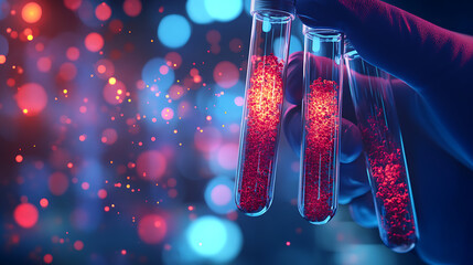 Wall Mural - scientist holding medical testing tubes or vials of medical pharmaceutical research with blood cells