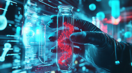 Aufkleber - scientist holding medical testing tubes or vials of medical pharmaceutical research with blood cells and virus cure using DNA genome sequencing biotechnology as wide banner hologram