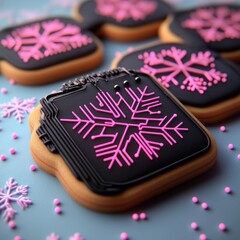 Poster - Decorated cookies featuring pink snowflake designs on a blue background.