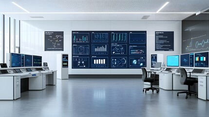 Leinwandbilder - Technologically advanced control room with state of the art monitors displaying real time fuel processing data surrounded by high tech workstations for industrial automation and analysis