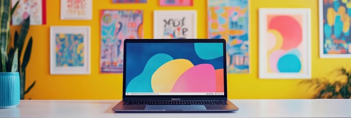 Leinwandbilder - A modern laptop sits on a sleek table, surrounded by colorful artwork on the walls and a decorative plant nearby, creating an inspiring atmosphere. Generative AI