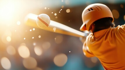 A baseball player wearing a helmet and swinging a bat with intense focus and energy, as the ball is captured mid-air. The sunlight adds a dramatic effect.