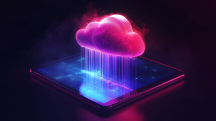 Poster - neon light showing cloud computing on tablet computer neon light showing cloud computing on tablet computer