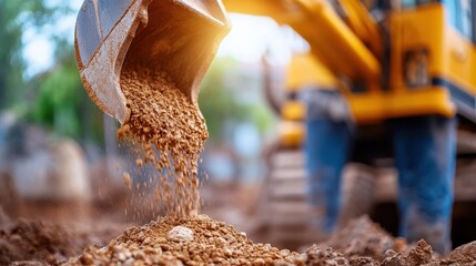 A powerful excavator is captured in motion, efficiently moving earth on a busy job site, with clear blue skies setting a perfect background for the machinery's task.