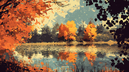 Poster - fail foilage autumn landscape with lake and trees art